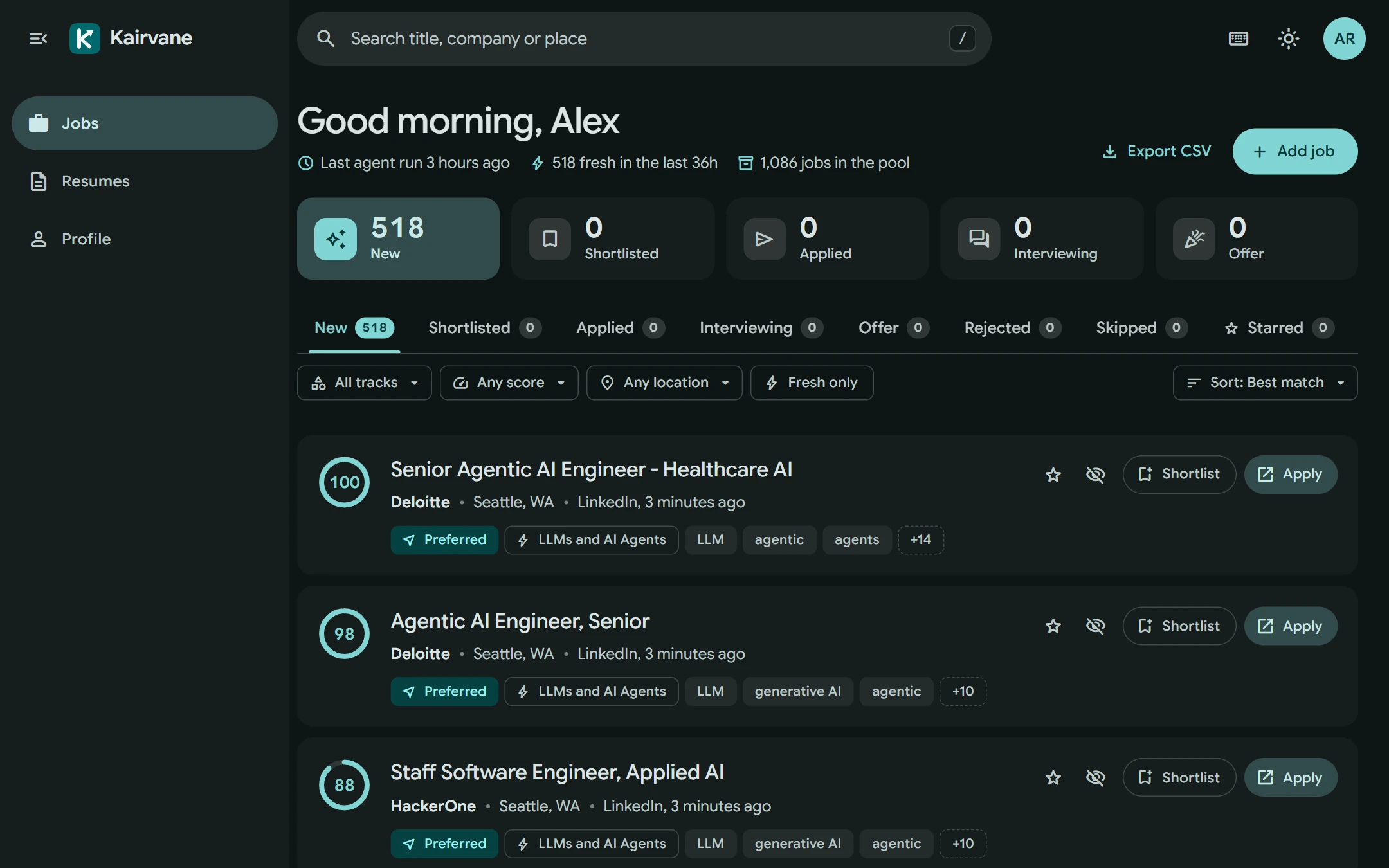 Dashboard with today's ranked job matches in the dark theme
