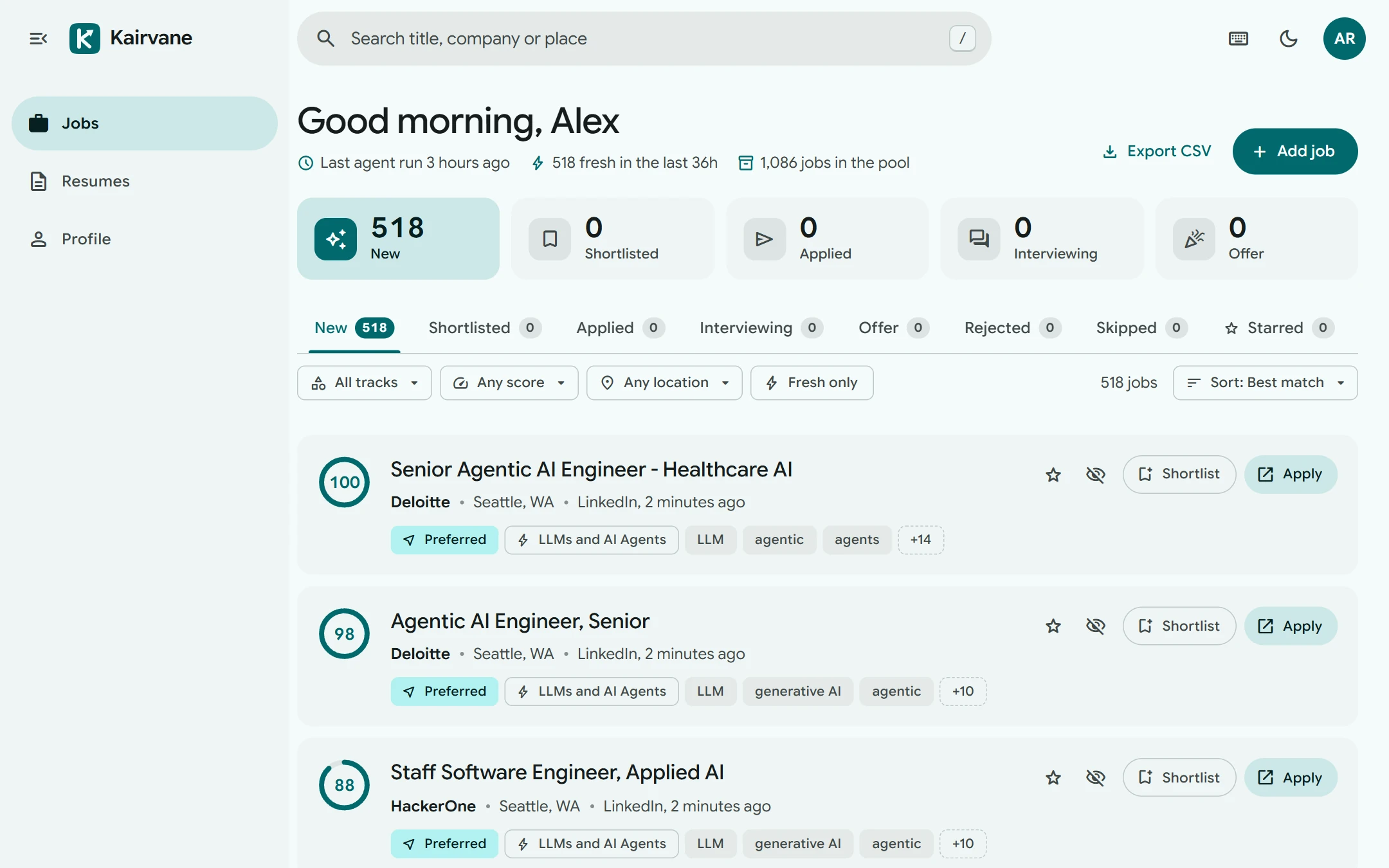 Dashboard with today's ranked job matches, each scored from 0 to 100