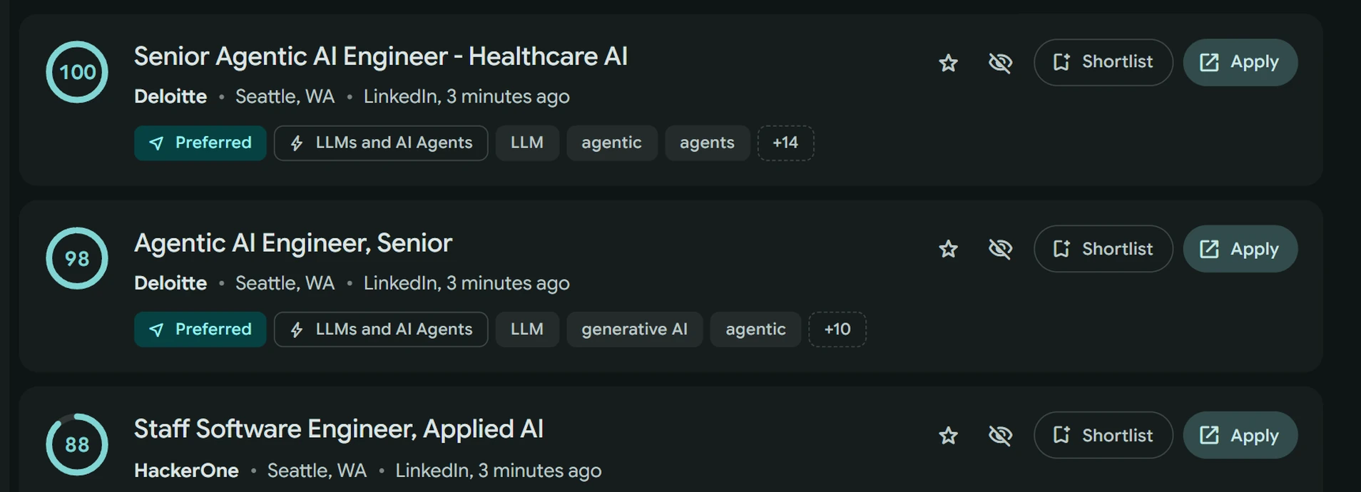 Ranked job cards in the dark theme