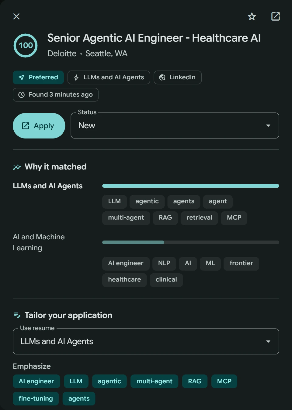 Job details in the dark theme
