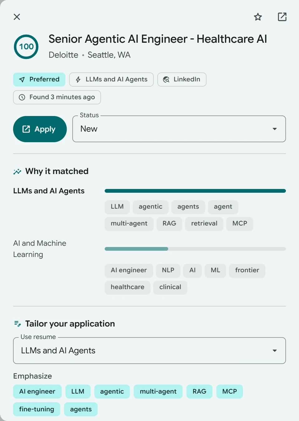 Job details showing why a role matched, broken down by focus area