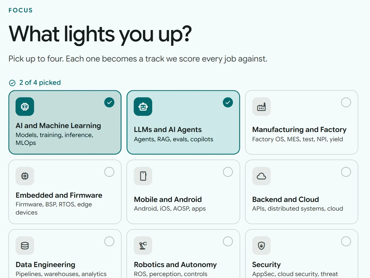 Onboarding question asking which focus areas to score jobs against
